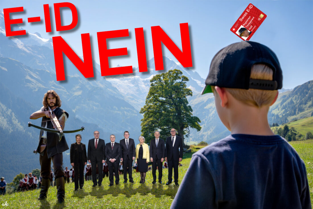 E-ID Non - Tell se tient debout avec l'arbalète Suisse